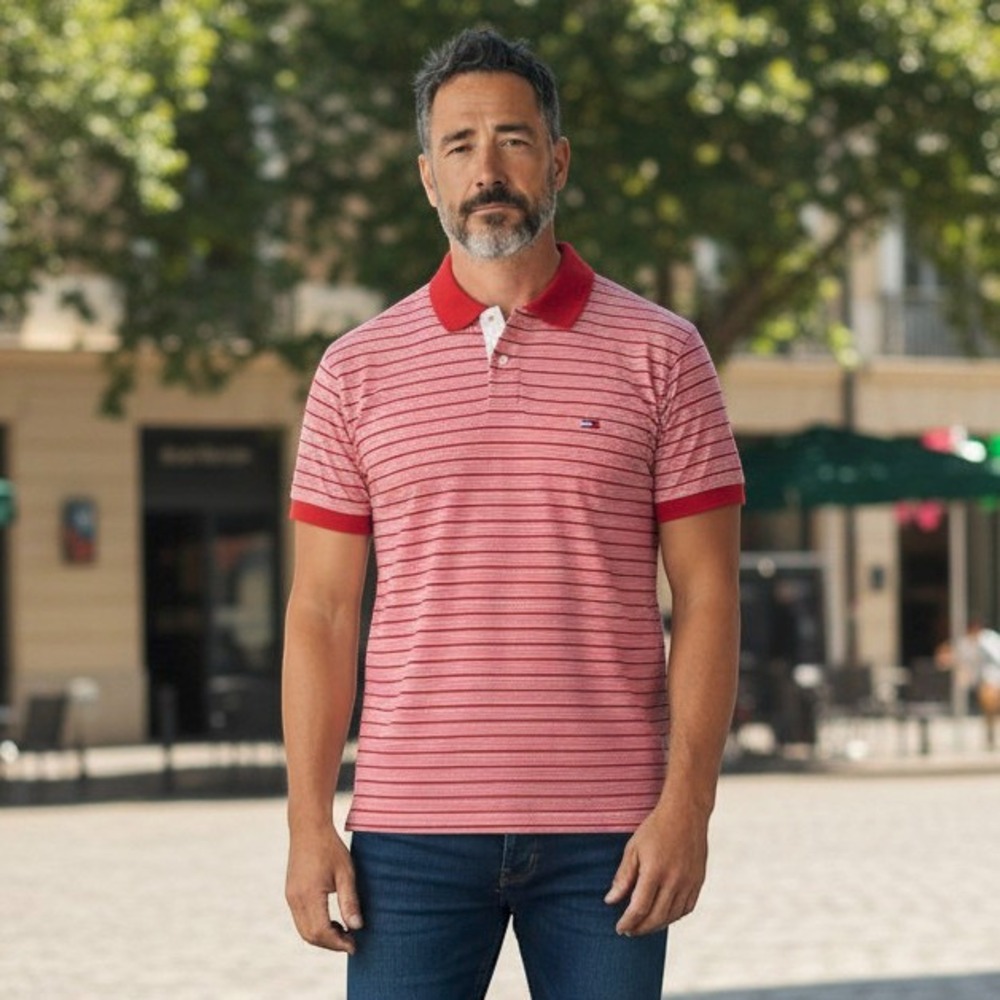 Vintage Tommy Jeans Mens XL Red White Striped Short Sleeve Polo Shirt Cotton